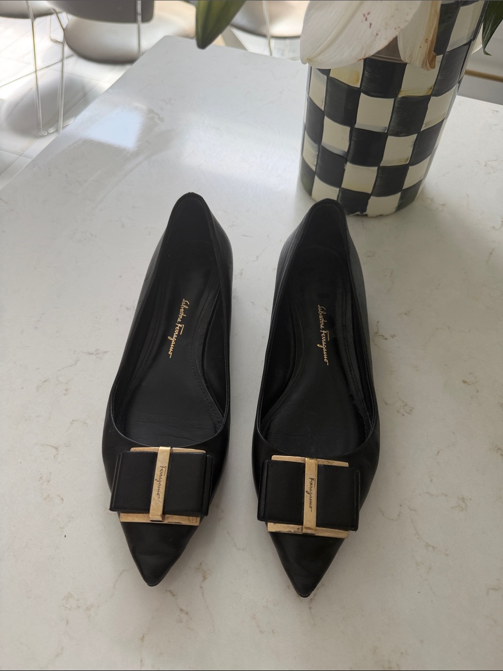 Salvatore Ferragamo Black Pointed Toe Flats with Gold Bow Accent 6C